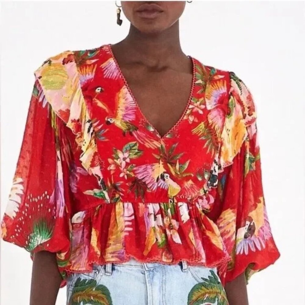 FARM Rio Red Tropical Ruffled V-Neck Blouse